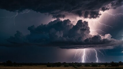 Thunderstorm with lightning illuminating dark clouds.