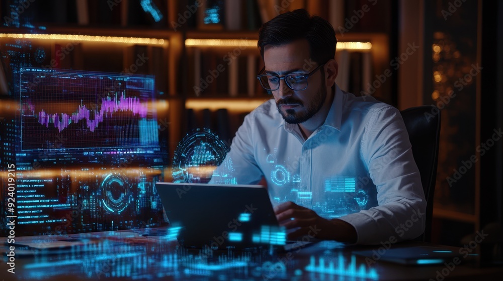 Poster the businessman with holographic data description: man using a laptop with holographic data charts i