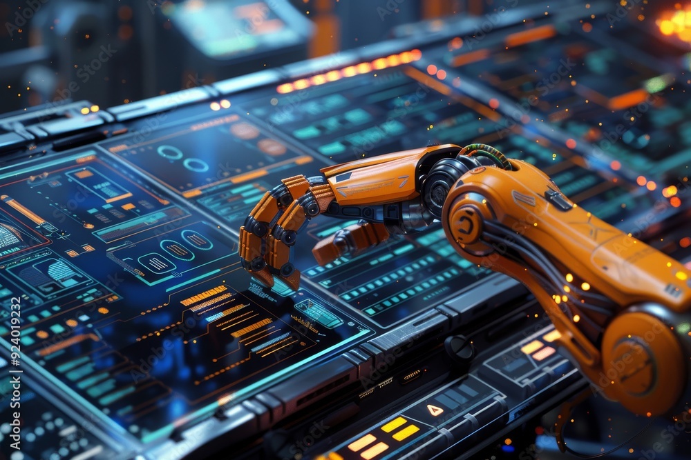 Fototapete ai-powered robotic assembly line: a close-up of a robotic arm assembling electronic components on a 