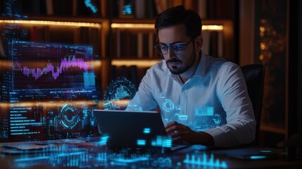 The businessman with holographic data Description: Man using a laptop with holographic data charts in a dark office.
