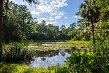 expanse of meadow and wetland, with some trees in the background. In the center is an open pond covered with water lilies