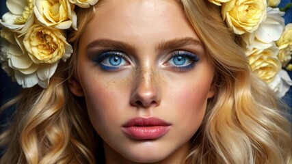 Fototapeta premium A young woman with blonde hair and blue eyes wears a flower crown, symbolizing beauty, nature, innocence, femininity, and spring.