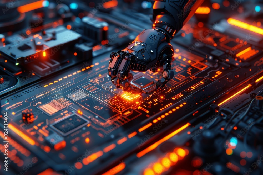 Fototapete ai-powered robotic assembly line: a close-up of a robotic arm assembling electronic components on a 