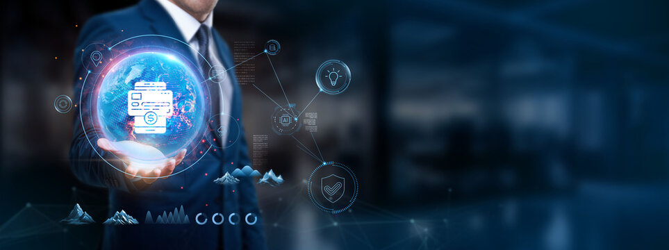 Digital Payments: Businessman holds global network structure, secure transactions, payment processing, financial technology, and user convenience.
