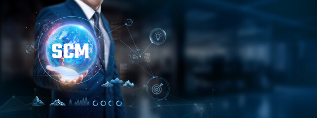 SCM (Supply Chain Management): Businessman holds global network structure efficiency, integration, visibility, collaboration.