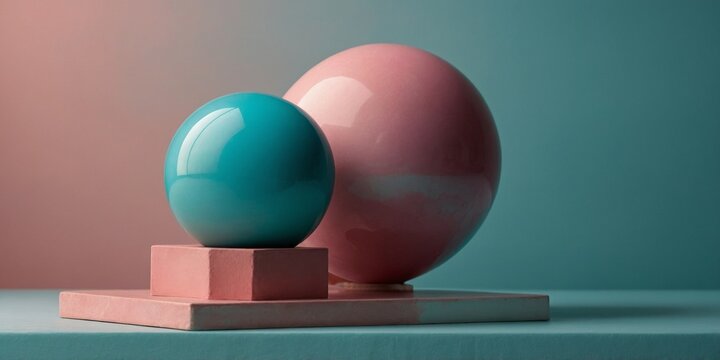 A minimalist abstract composition showcasing a pink sphere on a turquoise platform, beautifully lit by soft, warm light Summer color. - Powered by Adobe