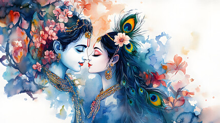 Watercolor painting of Radha Krishna love peacock feathers flowers romantic art traditional n culture hindu religious god goddess love story divine couple