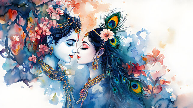 Naklejki Watercolor painting of Radha Krishna love peacock feathers flowers romantic art traditional n culture hindu religious god goddess love story divine couple