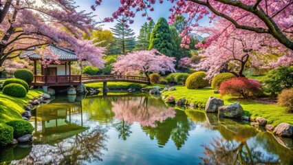 Obraz premium Tranquil Japanese garden with cherry blossoms in springtime, Japanese garden, tranquil, serene, peaceful, cherry blossoms