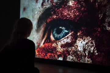 Close-Up of a Large Digital Eye Art Display Viewed by a Woman