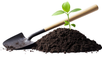 Shovel digging dirt with a plant transparent background