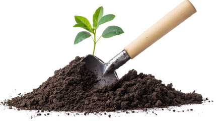 Shovel digging dirt with a plant transparent background