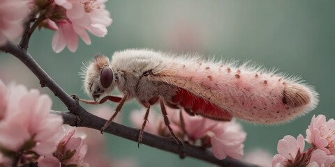 Red gypsy moth resting on soft pink blossoms.