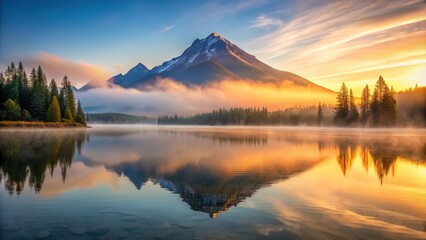 Obraz premium Mountain reflection in misty lake at sunrise, mountain, reflection, misty, lake, sunrise, nature, tranquil, serene, peaceful