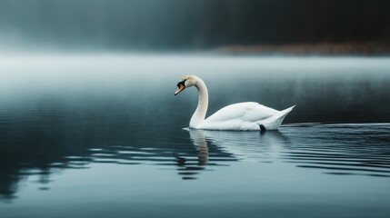 A solitary swan glides on a misty lake, its pristine white feathers reflecting on the tranquil water, encapsulating solitude, grace, and ethereal beauty.