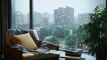 Cozy Reading Nook by Rainy Window with Warm Lighting and Comforting Atmosphere