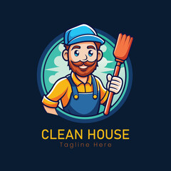Cleaning service logo design cleaning person cartoon illustration mascot logo
