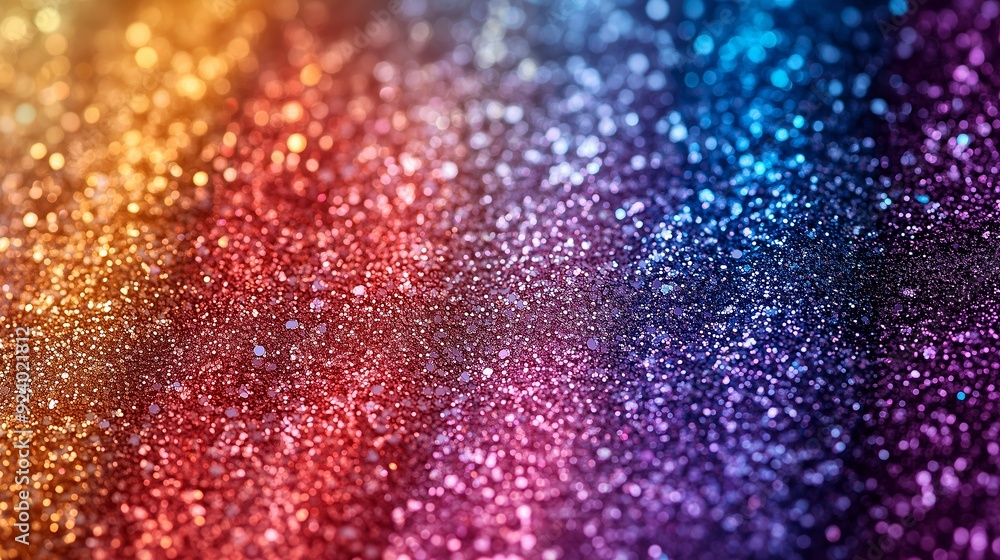 Poster shimmering glitter sparkles in a gradient of vibrant colors illuminated by soft light