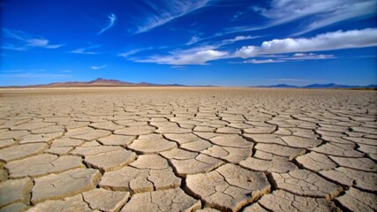 Fototapeta premium A vast desert landscape with cracked earth and a blue sky with clouds. This image symbolizes the effects of drought, climate change, and the fragility of nature.