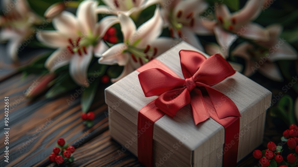 Wall mural a wooden table decorated with a gift box tied with a red ribbon and surrounded by beautiful white li