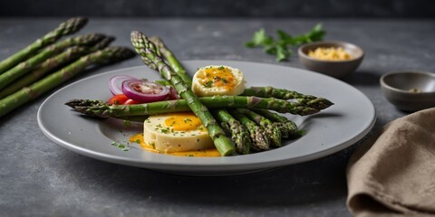 Healthy vegetable plate with asparagus and cheese on a gray background.