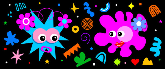 Set of cartoon characters, vector groovy element, cute doodle, flower, thunderbolt, stars, sparkle. Collection of retro hippie design for sticker, toys and kids.Trendy contemporary minimalist style.