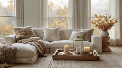 Cozy living room with plush autumn-colored cushions, a crackling fireplace, and subtle Halloween decorations for a warm festive cheer