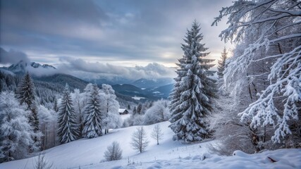 Obraz premium A serene winter scene with a snow-covered mountain range, tall evergreen trees, and a tranquil forest. The image evokes a sense of peace, solitude, and the beauty of nature.