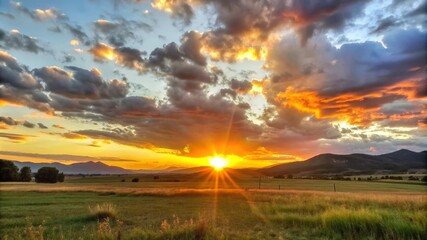 Fototapeta premium A breathtaking sunset paints the sky with vibrant hues of orange, pink, and purple, casting long shadows over rolling green hills. The sun's golden rays pierce through the clouds, creating a radiant g
