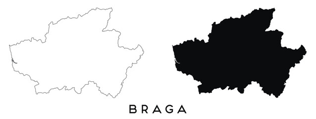 Braga map outline and black silhouette vector