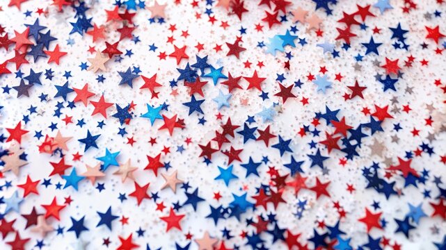 A festive background featuring red, white, and blue stars scattered on a white surface, symbolizing patriotism, celebration, joy, unity, and the American flag.