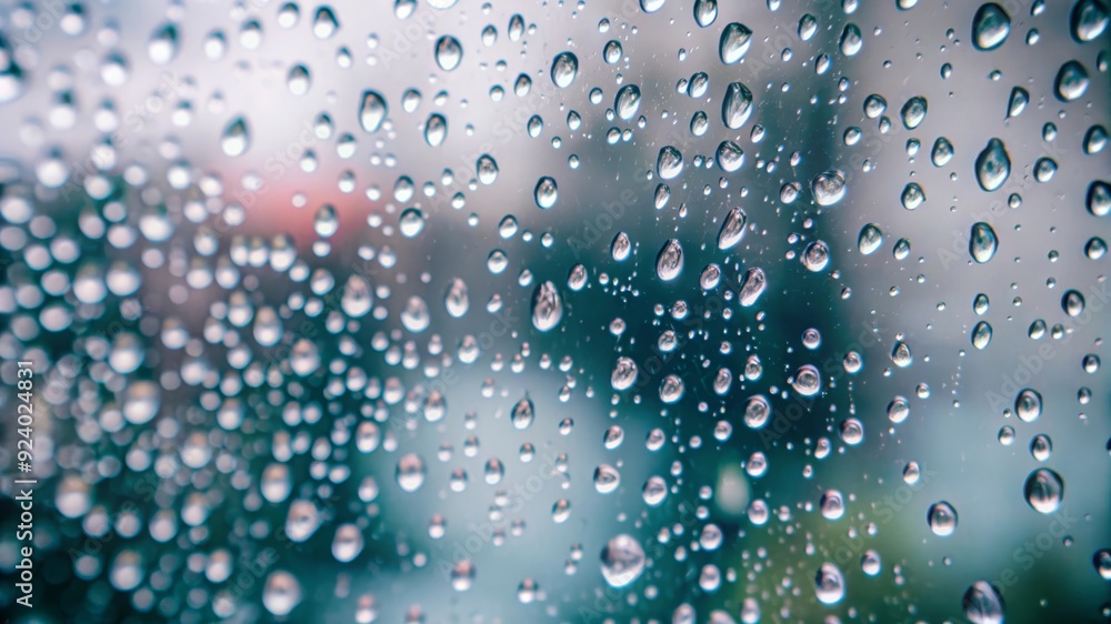 Aufkleber close-up of raindrops on a glass window, creating a mesmerizing pattern with a blurred background, s
