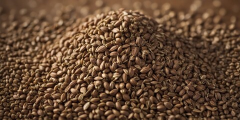 Obraz premium Top view of Close-up of a pile of brown hemp seeds.