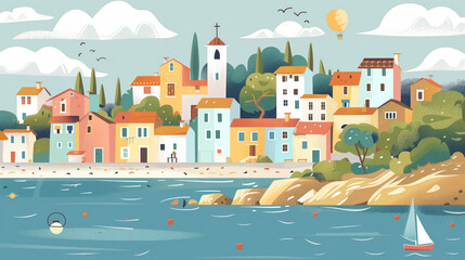 Cute seaside town with a picturesque view and nice coastal houses on the river, drawing vector illustration