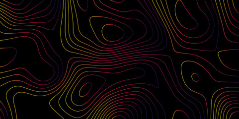 Abstract light pattern Vector illustration. Topographic map background concept. Vibrant neon lights pulsating patterns. Colorful topography contour lines isolated on black background.	
