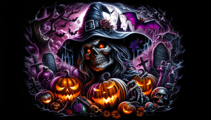 Terrifying Witch Surrounded by Halloween Icons in Vivid Airbrush Art
