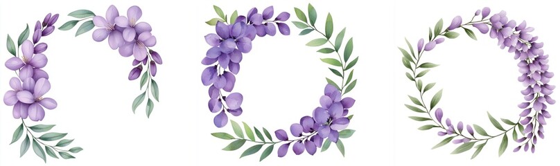 Fototapeta premium Beautiful watercolor wreaths featuring purple flowers and green leaves, perfect for invitations or decorative purposes.