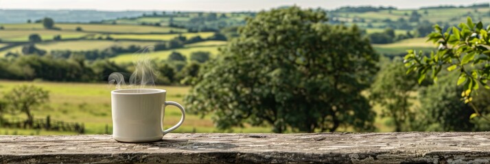 Fototapeta premium Tranquil scene white coffee mug on wooden table with steam, natural green landscape in background