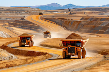 Three large trucks are driving down a dirt road in a desert