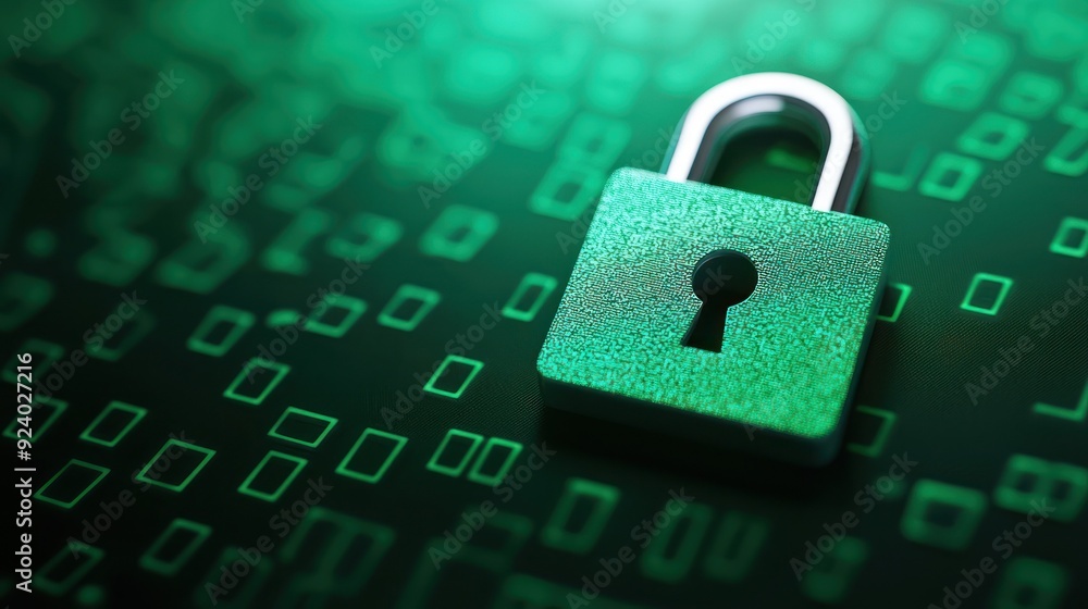 Poster a close-up of a digital padlock on a green matrix background, symbolizing data security and privacy 