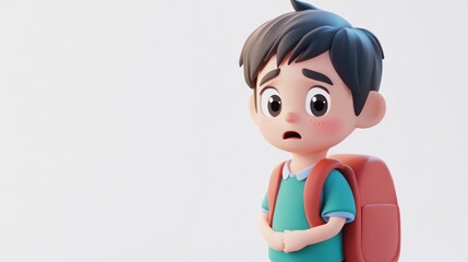 Obraz premium 3D Illustration of Cute Boy with Backpack Showing Expression of Worry or Anxiety