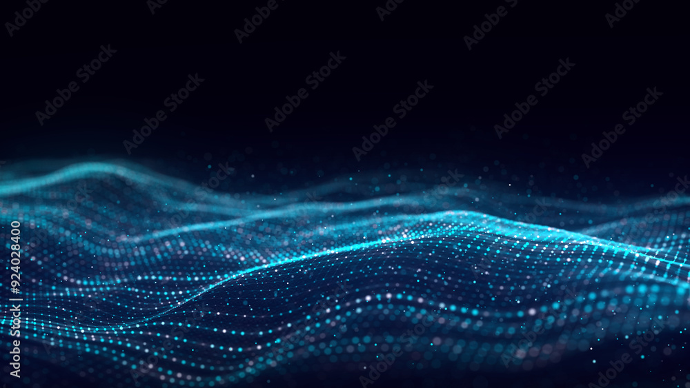 Poster dynamic blue wave of particles and lines. abstract futuristic background. big data visualization. 3d