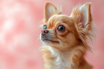 Close-up of a small, long-haired Chihuahua with large eyes and alert ears, looking off to the side, against a soft pink background.

