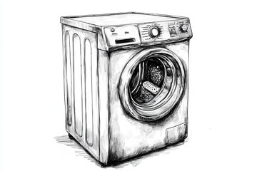 Hand-drawn sketch of an old-fashioned washing machine with detailed shading, isolated on a white background, capturing a vintage and classic aesthetic