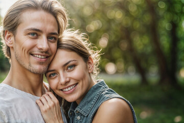 Naklejka premium Happy European couple against blurred green park background with copy space