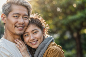 Fototapeta premium Portrait of happy Asian couple against blurred green park background with copy space