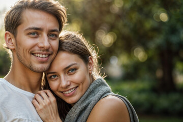 Naklejka premium A young man and woman are hugging each other in a park. They both have smiles on their faces, and the woman is wearing a gray sweater. Scene is happy and affectionate