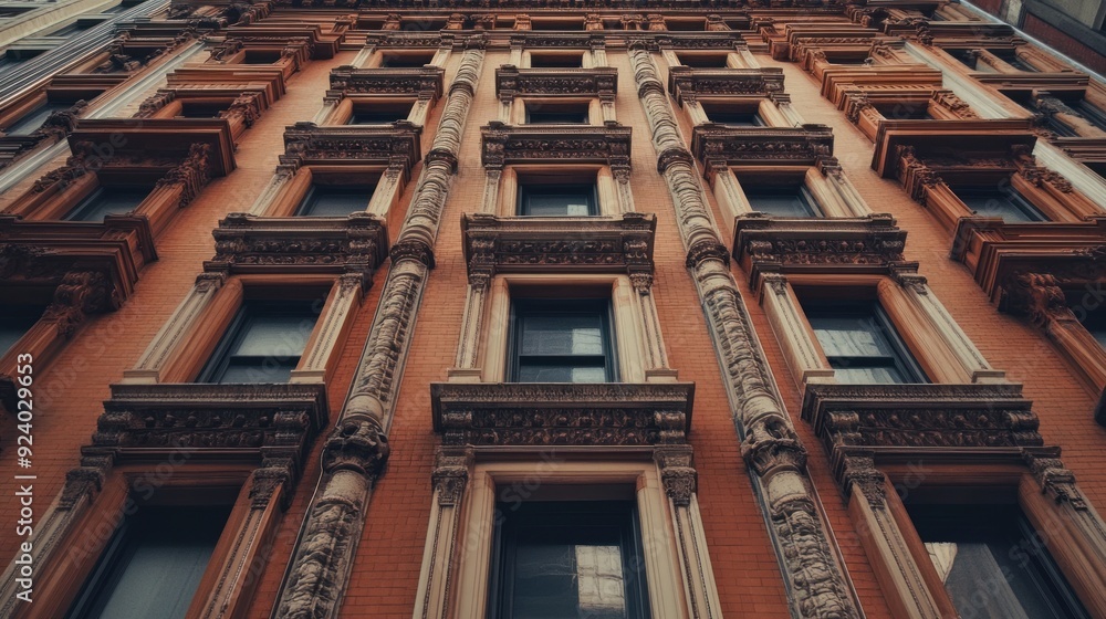 Poster ornate brick building with elaborate window frames