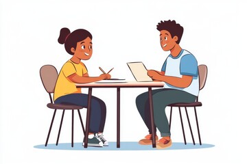 A young student sitting at a small table, doing their homework with a tutor or parent nearby for guidance 