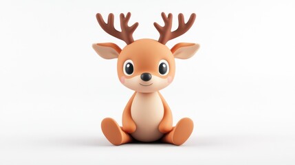 Adorable Cartoon Deer Figurine with Big Eyes and Antlers Isolated on White Background